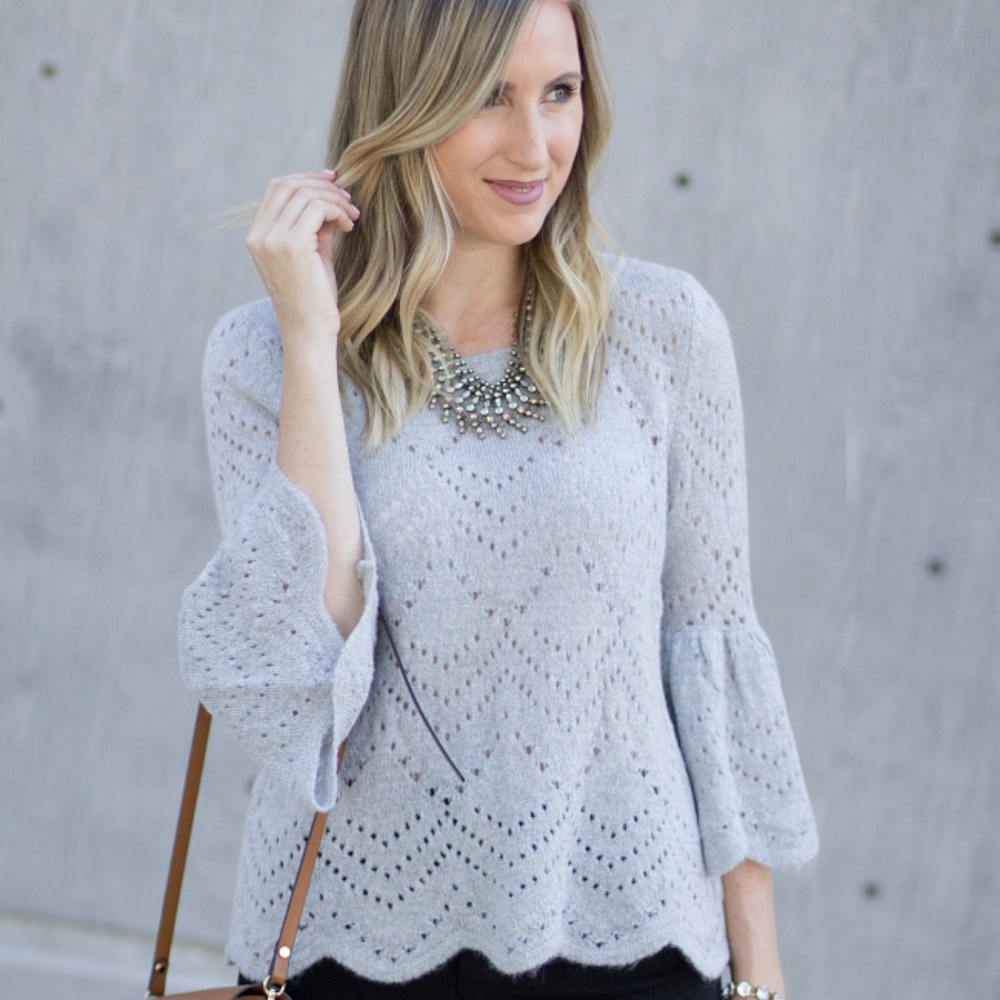 LC Lauren Conrad Gray Scallop Bell Sleeve Sweater
